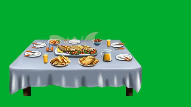 2d animated Dinner table serving full of food plates, dishes and drinks glasses animation on green screen. Banquet restaurant table layout template with grey tablecloth for party catering event