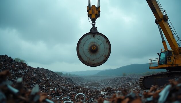 Industrial crane electromagnet lifts scrap metal pile at junkyard. Heavy machine sorts recycled waste for material processing. Environmentally conscious operations manage debris.