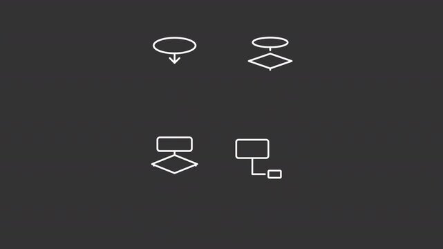 Animated flowchart types white line icons. Business organization animation set. Managing repetitive processes. Info diagrams. Isolated elements on dark background. Alpha channel HD video