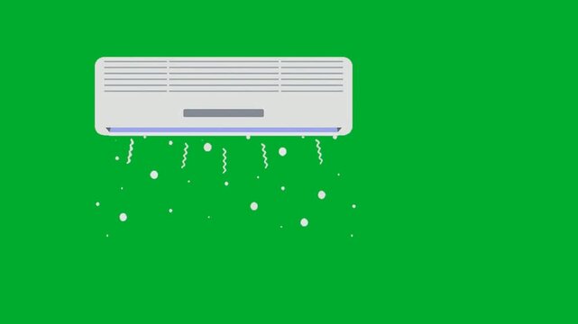 2d animated Air conditioner snow drops freezing breeze wind flow stream fx animation on green screen. Split wall AC unit blowing heavy cold winter frost particles overlay layout concept vector