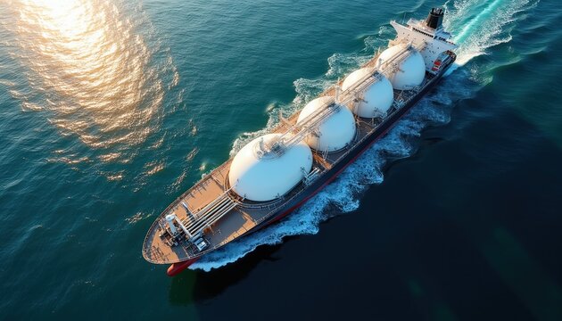 Liquefied gas tanker sails on blue ocean under bright sun. Ship with round cargo tanks moves through waves. Maritime transport carries energy resources across the sea.