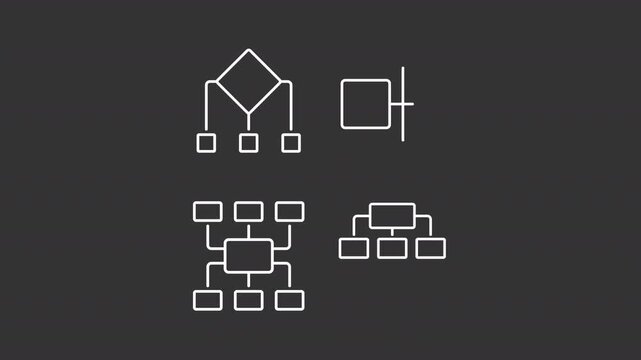 Animated hierarchy schemes white line icons. Project structure presentation animation set. Branching diagram with square blocks. Isolated elements on dark background. Alpha channel HD video