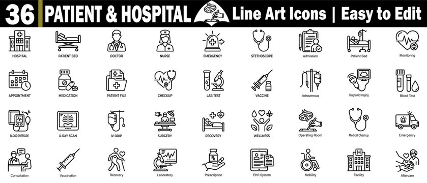 36 patient hospital line art icons. Easy to edit, ready to use in your web design app, presentation, and print projects.