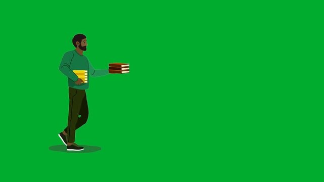 2d animated Man holding books stack piece in hands while reaching out gesture layout animation on green screen. Young casual guy cartoon character offering literature library publication knowledge
