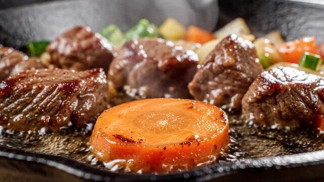 Close-up of sizzling beef cubes with vegetables cooking on a hot griddle with steam