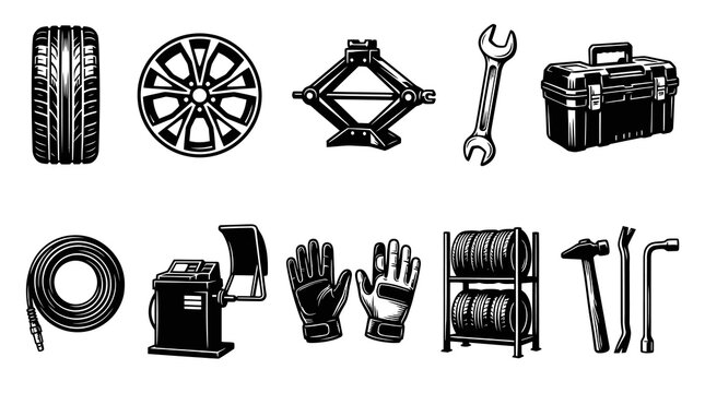 Car Tire Service and Auto Repair Tools Vector Elements