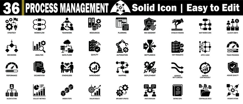 Process management solid icons. Business operations workflow analysis and improvement.