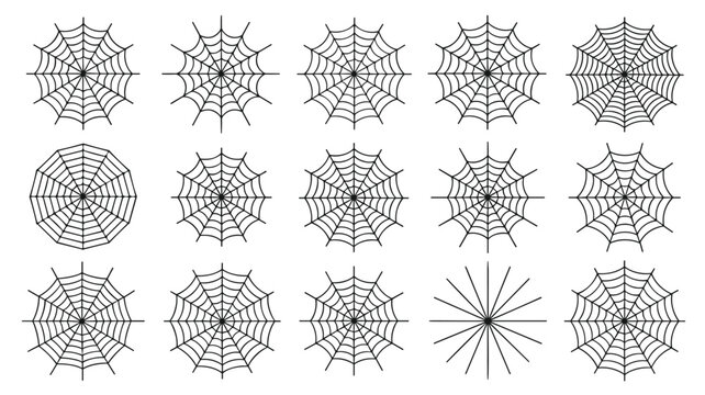 Set of fifteen various black and white spider web designs from simple concentric patterns to complex radial structures on a plain white background.