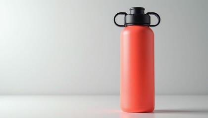 Fototapeta premium Coral water bottle with black cap sits on white surface. Container is clean and modern, ideal for active lifestyle. Hydration accessory for gym, office or travel.