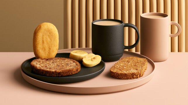 Breakfast foods are presented on a plate along with coffee cups. The scene features soft light, minimal design, and ample empty space