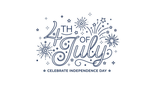 Elegant fourth of july typography design featuring decorative fireworks and star icons on white background