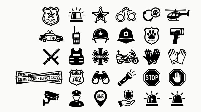 Police and Law Enforcement Icons Set: Security, Justice, and Safety Symbols