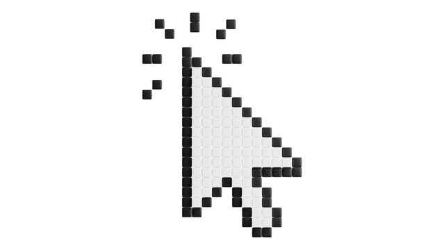 3D pixelated arrow cursor clicking on black background