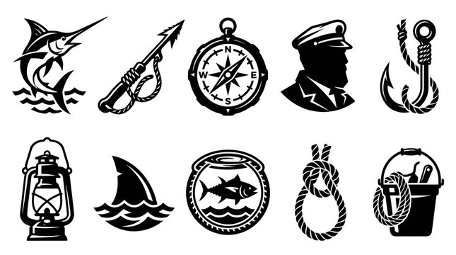 Nautical Maritime Sailing and Marine Fishing Silhouette Icons Set