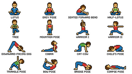 Fototapeta premium Pixel Art Yoga Poses Collection: Diverse Asanas for Wellness and Fitness