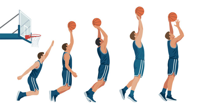 Sequential motion study illustration of a male basketball player in a blue uniform jumping and reaching to score a layup at the hoop.