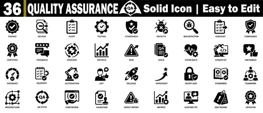Quality assurance solid icon. Collection including passed review audit testing standards, defect bug detection, and a checklist.