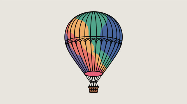 Detailed illustration of a majestic hot air balloon with a colorful red, orange, green, and blue patchwork pattern against a plain background.
