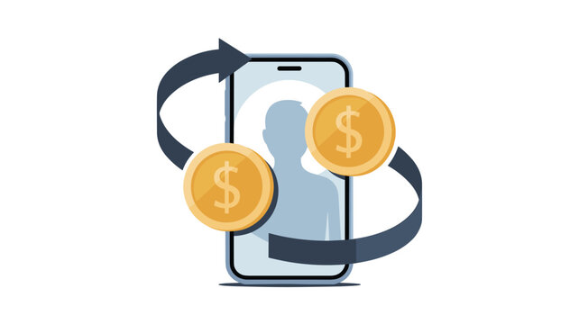 Digital illustration of a smartphone with a user silhouette and two gold dollar coins circulating with an arrow representing money transfer.