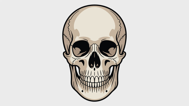 Detailed anatomical illustration of a human skull from the front showing the cranial bone structure, eye sockets, nasal cavity, and teeth.