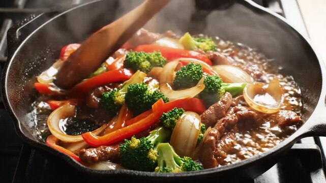 Savory beef and broccoli stir fry sizzling in a cast iron skillet with vegetables and sauce being stirred