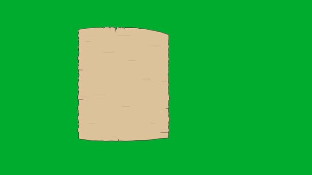 2d animated Vintage paper sheet document vertical frame layout template isolated animation on green screen. Old ancient parchment scroll texture pattern object for historical letter card text