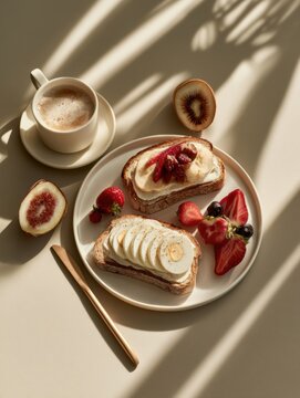 Healthy breakfast with protein foods and seasonal fruit on a plate. Coffee cup sits beside it, all shown in natural daylight with minimal decor