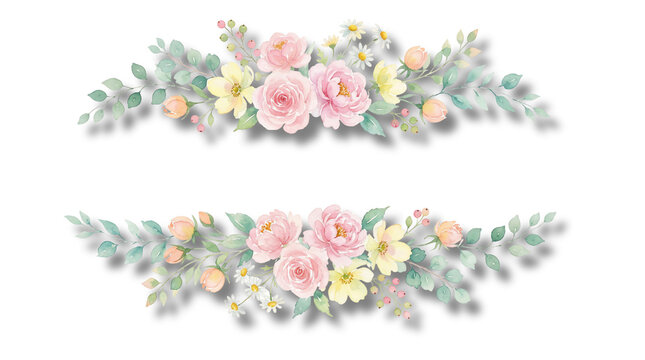 Watercolor pink rose floral border transparent PNG isolated bouquet clipart for wedding invitation design