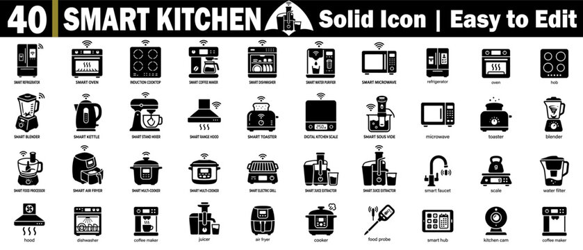 Smart kitchen solid icons. Refrigerator, oven, microwave, coffee maker, blender, toaster, appliance technology, and more.