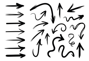 Obraz premium Collection of hand drawn black ink arrows featuring various shapes including straight curved wavy and spiral lines isolated on a white background for and direction indicators