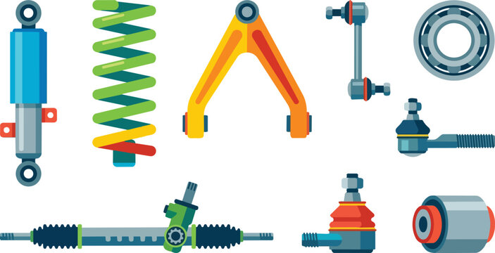 Collection of flat design automotive suspension and steering system parts for vehicle repair and maintenance