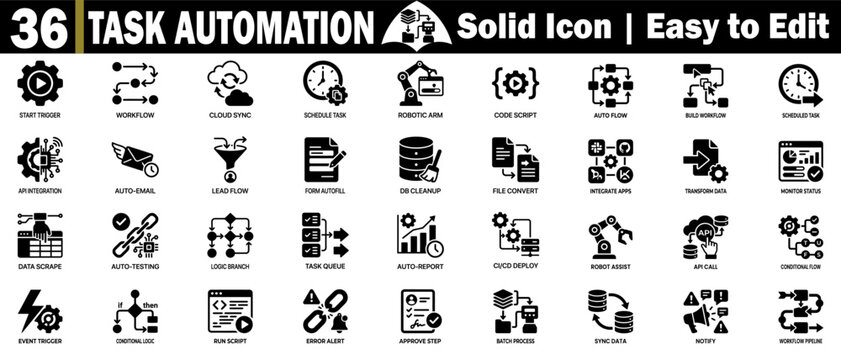 Task automation icon set. Collection of robotic process workflow integration, cloud synchronization, data scraping, and automated systems.