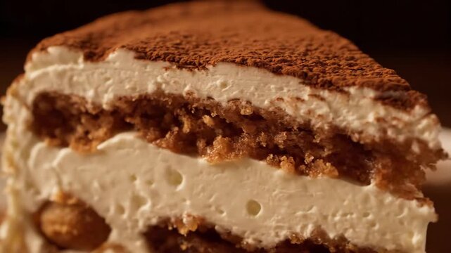 Delicious tiramisu dessert slice. close-up macro view of classic italian cake layers with mascarpone cream, savoiardi, and rich cocoa powder dusting.