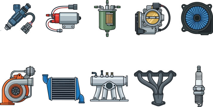 Collection of automotive engine performance and tuning parts including turbocharger, intercooler, and exhaust manifold