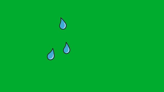 2d animated Water drops falling down vertically in a single column layout animation on green screen. Blue liquid sweat bead, rain droplets or tear drips tracking abstract fx graphic overlay cartoon