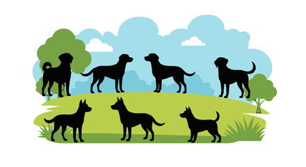 Obraz premium Group of black dog silhouettes standing on green grass.
