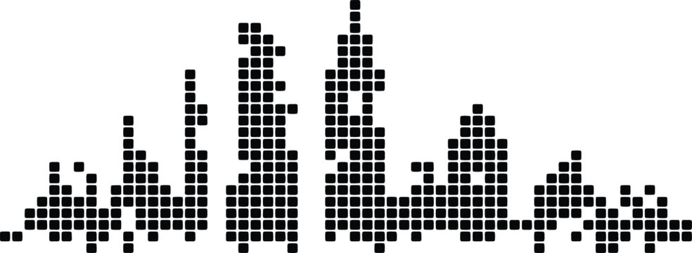 City skyline silhouette built from black square pixels in flat minimalist art style metropolis