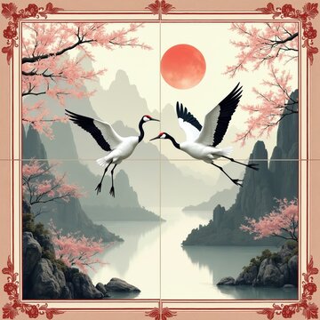 Two red crowned cranes fly over calm water reflecting misty mountains and pink cherry blossoms. A large red sun hangs in pale sky. Elegant Asian landscape scene.