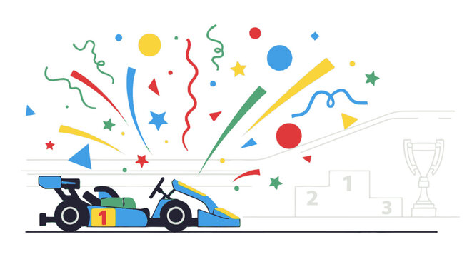 Illustration of a go kart winning a race with confetti.