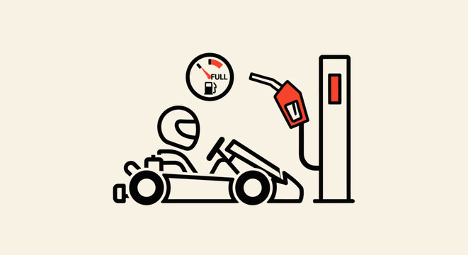 Minimalist icon of a go kart driver at a fuel station.