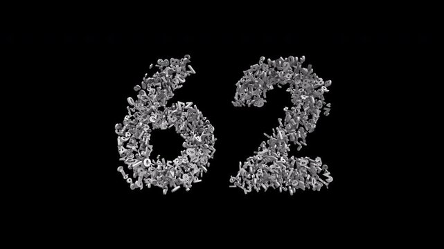 Number 62 Formed by Small Digits Animation with Alpha Channel. Typographic Number Formation Effect. Digital Number Made of Numbers. 3D Font Typographic Animation. Transparent BG