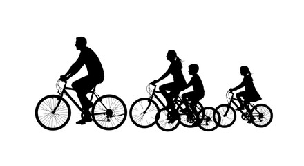Fototapeta premium Silhouette of a family riding bicycles together outdoors.