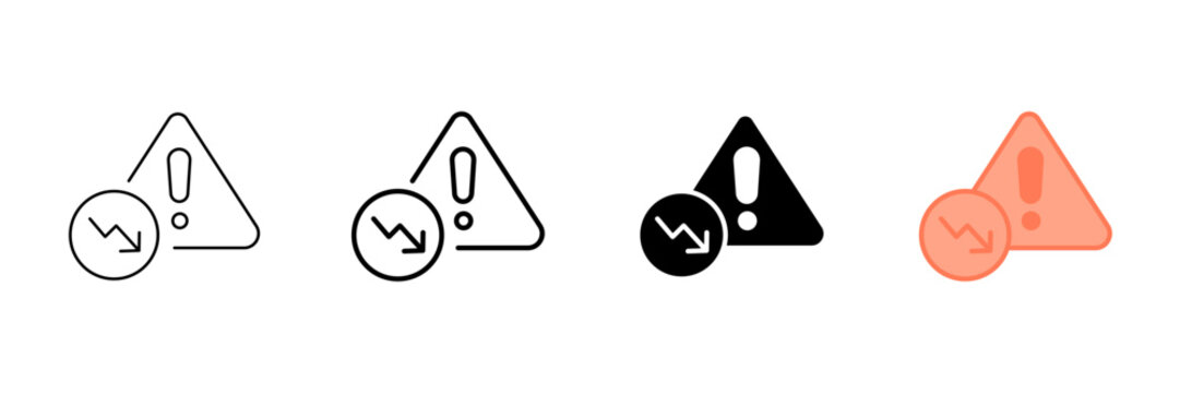 Set of minimalist warning and declining trend icons with transparent background, featuring stock market crash symbols, financial loss alerts, vector illustration