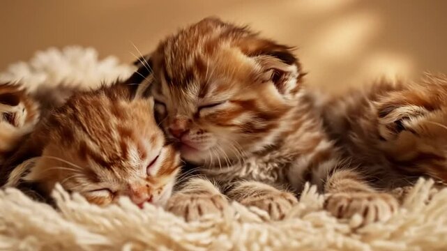 Four adorable tabby kittens sleeping soundly in a cozy, fluffy bed with a warm, comforting glow