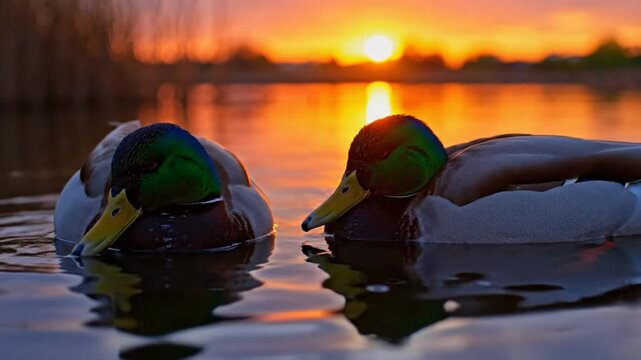 Tranquil moment: Two beautiful male mallard ducks floating peacefully on a calm lake during a vibrant sunset