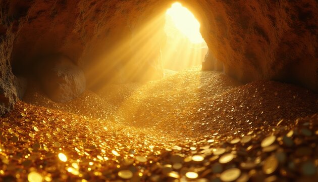 Sunlight streams into dark cave illuminating piles of gold coins. Treasure hoard glitters with wealth and fortune. Discovery of riches in hidden underground chamber.