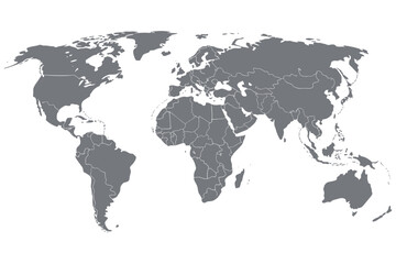 Fototapeta premium Flat grey silhouette of the map featuring all continents and major islands isolated on a plain white background for and cartography projects