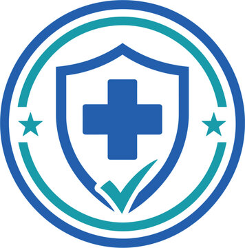 Shield emblem features a medical cross and a checkmark within a circular border to represent certified health safety, reliable protection standards, and institutional trustworthiness for customers.