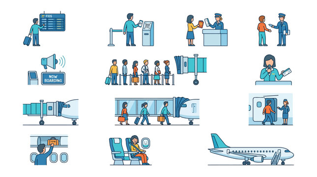 Airport Travel Icons: Boarding, Check-in, Security, Airplane, Jet Bridge, Passengers
