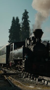 Vertical Screen: The Mocanita steam train stands at the station in Bucovina, Romania. Smoke rises from the chimney as the sun shines on the old train and surrounding area.